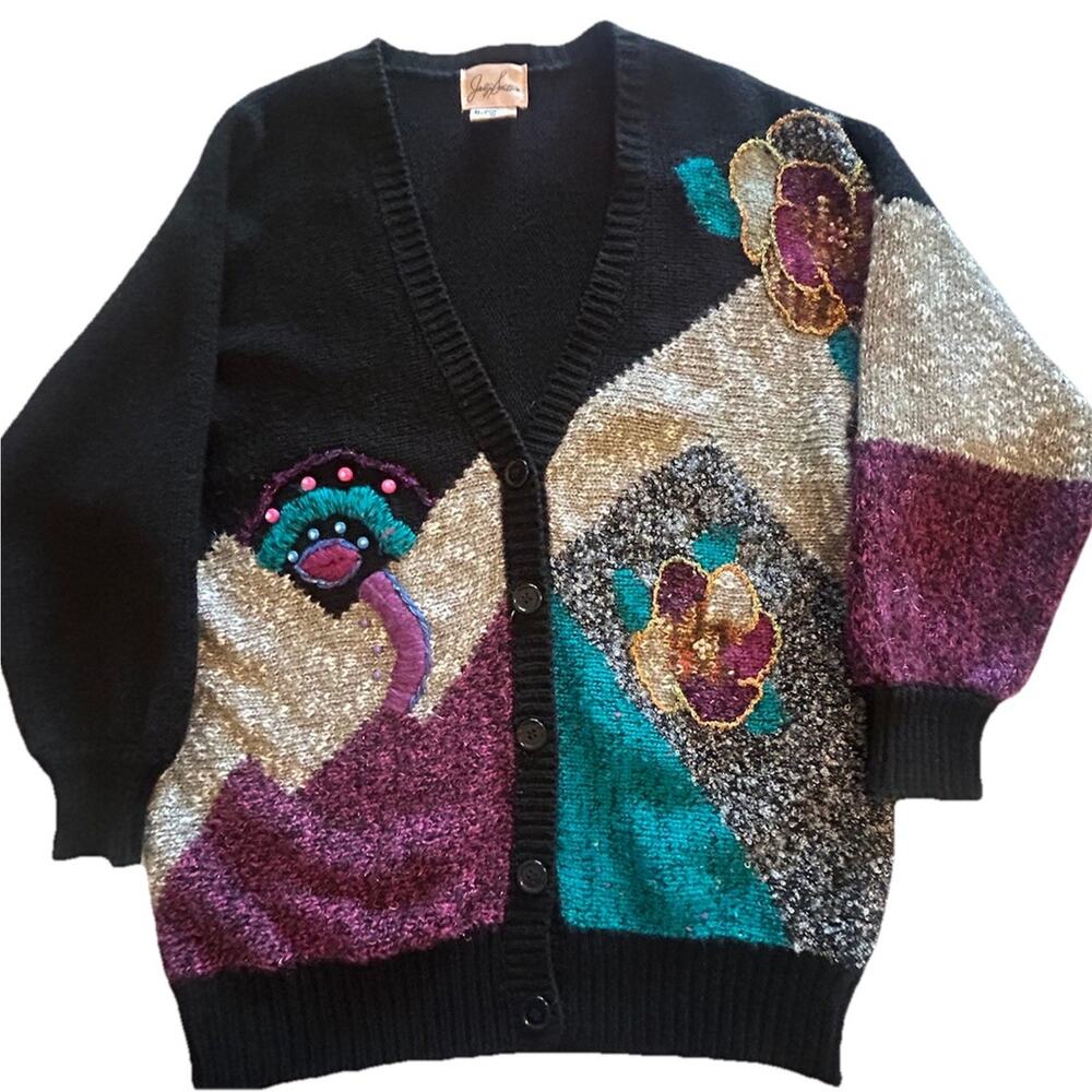 Vtg Jaclyn Smith Sweater Cardigan Sz Medium Black Sequin Floral Knit 80s Retro